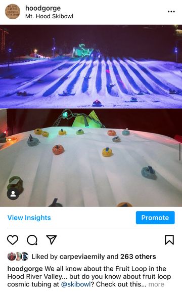 A screenshot of a post from the Hood-Gorge Instagram account, featuring a low-budget, community-submitted homemade replica of the famous Fruit Loop ski attraction.