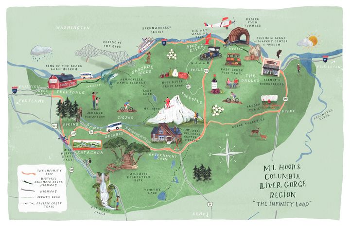 The Infinity Loop Map, featuring illustrative renditions of various attractions from the region.